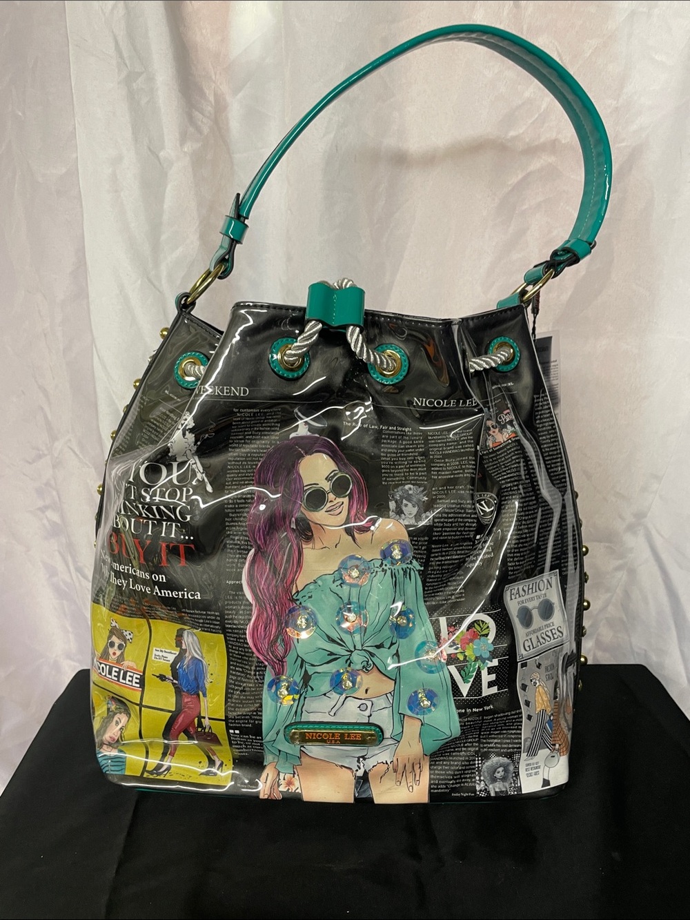 Nicole Lee Teal Patent Graphic Bucket Tote